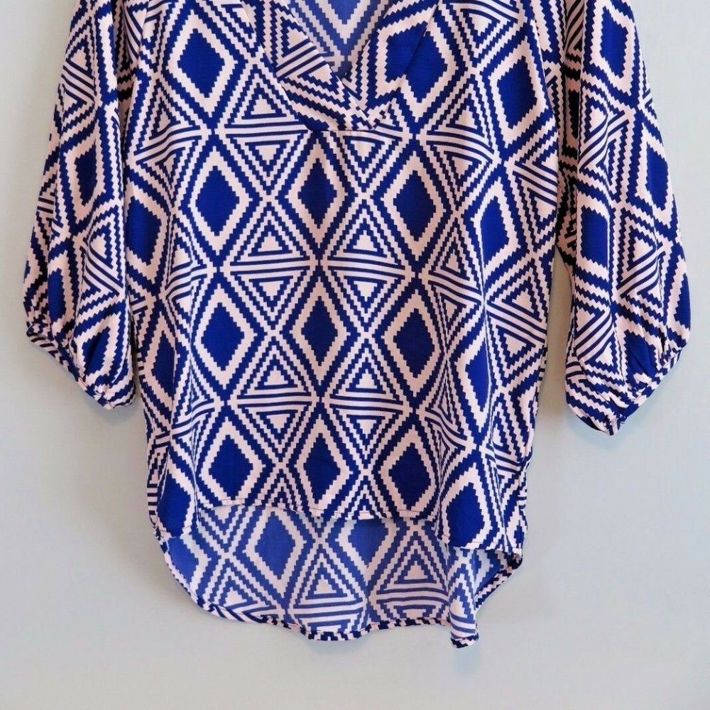 CHRIS & CAROL Deep Purple & Tan V-Neck Hi-Lo Blouse Size S Made in USA - Picture 6 of 7